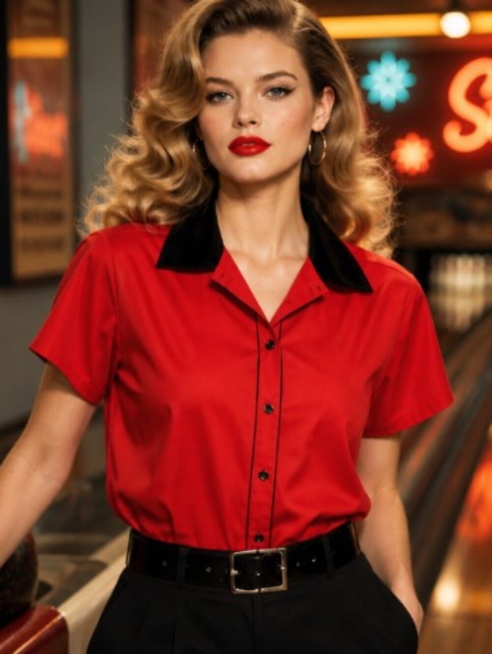 LG Red Short-Sleeve Button-Down Shirt with Black Collar